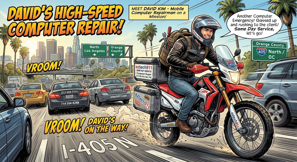 Technician riding motorcycle for urgent computer repair service